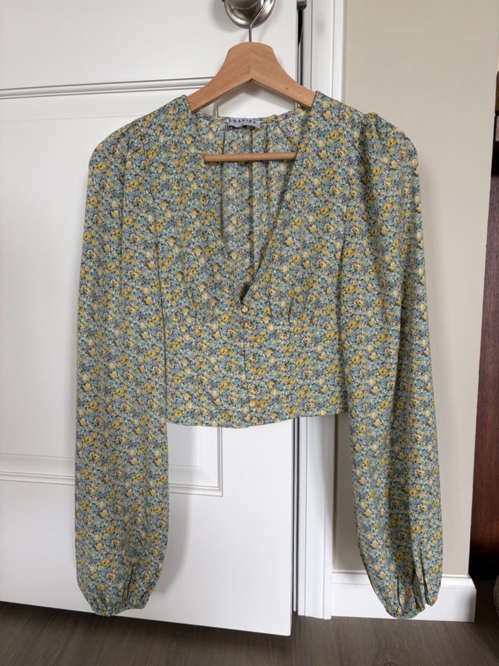 Floral V-Neck Cropped Blouse - Yellow, Sage